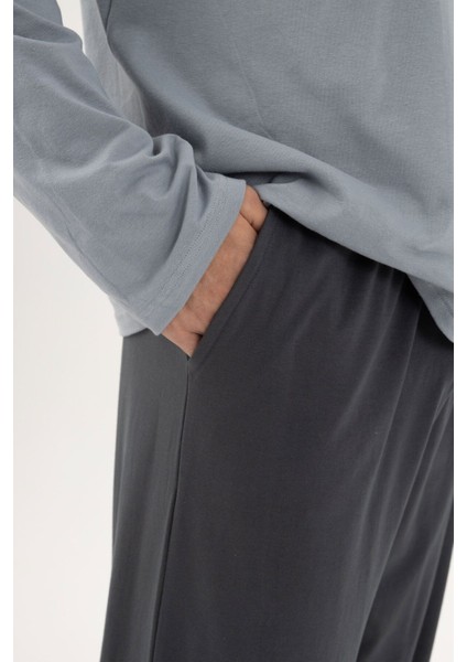 Erkek Pamuklu Double Yaka Uzun Kollu Cep Detaylı Pijama Takımı