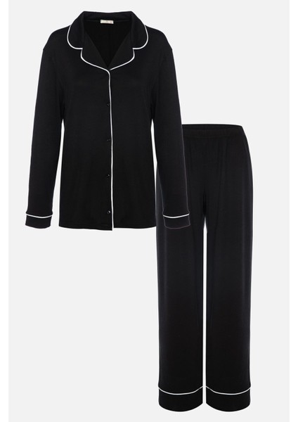 Kadın Viskon - Yumuşak Dokulu Düğmeli Biyeli Bol Paça Pijama Takımı