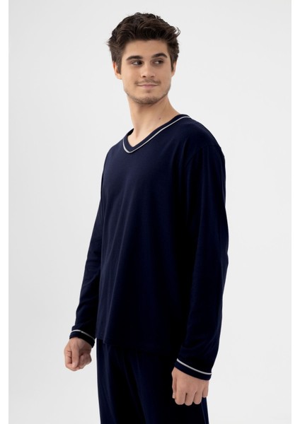 Erkek Pamuklu Uzun Kollu Ara Biyeli Cep Detaylı Pijama Takımı