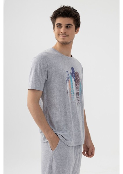Erkek Gri Melanj Baskılı Şortlu Pijama Takımı