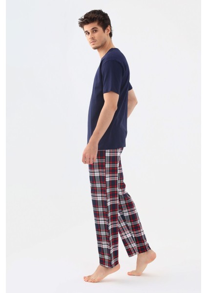 Erkek Kısa Kollu Ekose Desenli Pamuklu Pijama Takımı