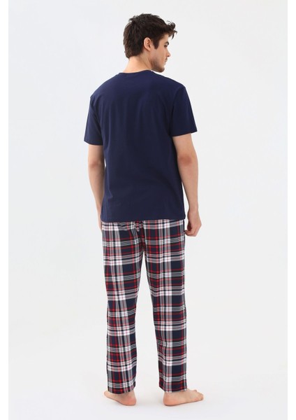 Erkek Kısa Kollu Ekose Desenli Pamuklu Pijama Takımı