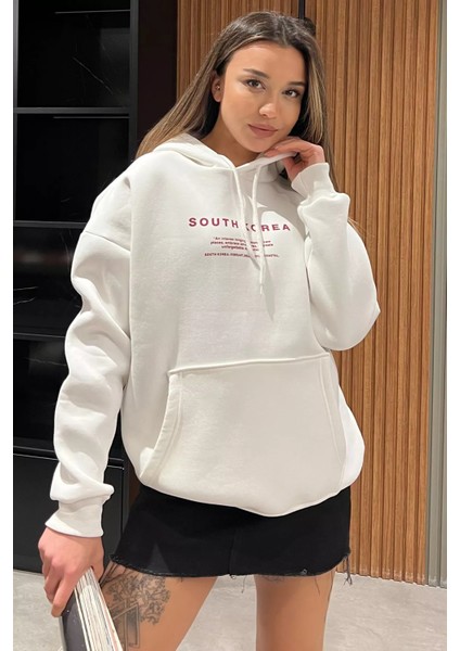 Kapüşonlu Şardonlu Yazı Baskılı Kadın Sweatshirt