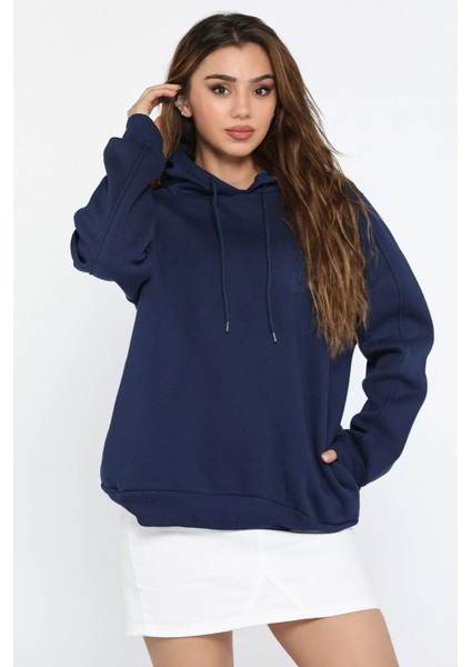 Kadın Kapüşonlu Üç Iplik Şardonlu Oversize Sweatshirt