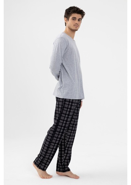 Erkek Likralı Uzun Kollu Gri Melanj Ekose Desenli Cep Detaylı Pijama Takımı