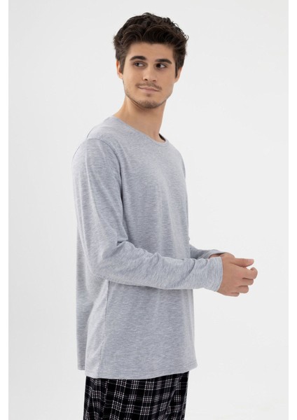 Erkek Likralı Uzun Kollu Gri Melanj Ekose Desenli Cep Detaylı Pijama Takımı