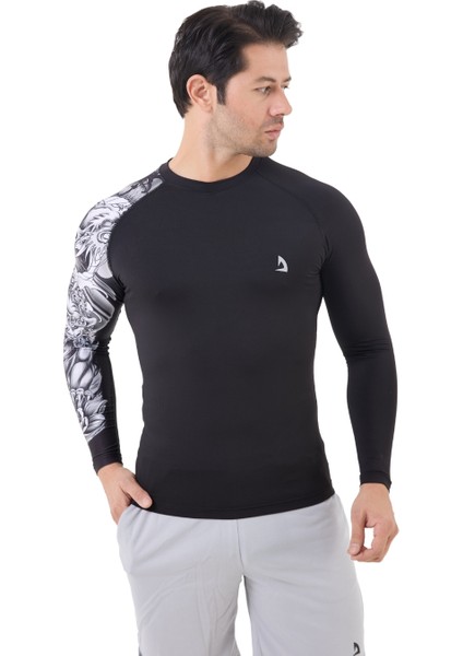 Erkek Uzun Kol Siyah Tek Kol Beyaz Desenli Compression Fitness Body Gym Body Spor Tshirt