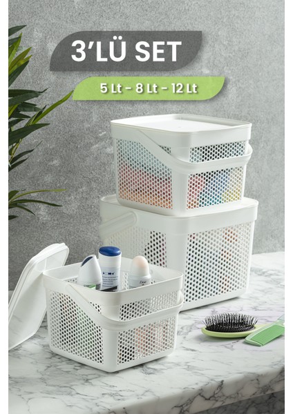 3'lü Çok Amaçlı Kapaklı Sepet - Banyo Düzenleyici Kulplu Saklama Kutusu Dekoratif Organizer 5-8-12LT