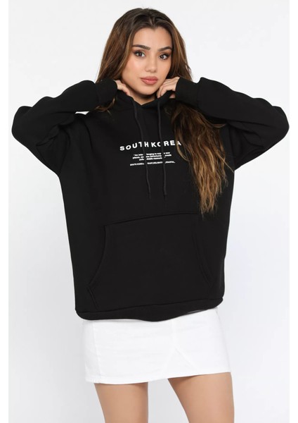 Kapüşonlu Şardonlu Yazı Baskılı Kadın Sweatshirt