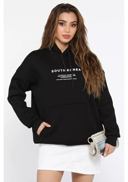 Kapüşonlu Şardonlu Yazı Baskılı Kadın Sweatshirt