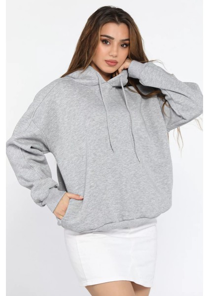 Kadın Kapüşonlu Üç Iplik Şardonlu Oversize Sweatshirt