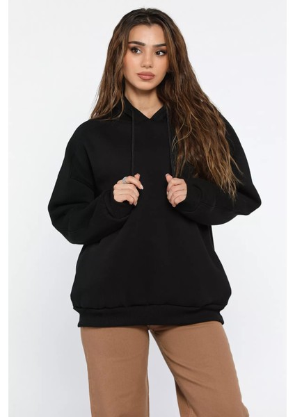 Kadın Kapüşonlu Üç Iplik Şardonlu Oversize Sweatshirt