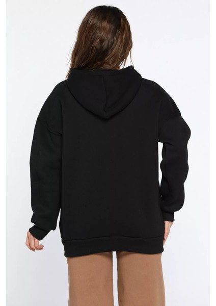 Kadın Kapüşonlu Üç Iplik Şardonlu Oversize Sweatshirt