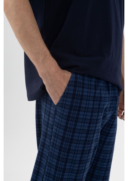 Erkek Pamuklu Kısa Kollu Lacivert Ekose Desenli Cep Detaylı Pijama Takımı