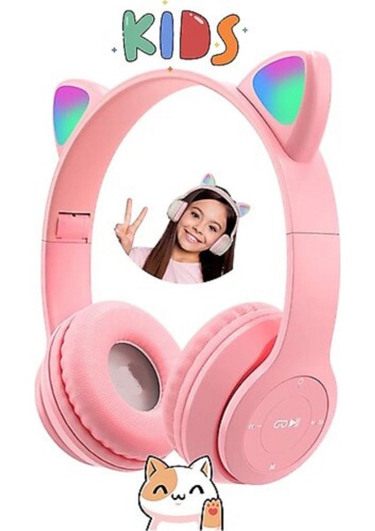 Kedi Kulağı Bluetooth Kablosuz Kulaklık Işıklı Rgb Çocuk Oyun Kulaklığı Radyolu Cocuk Kulaklık