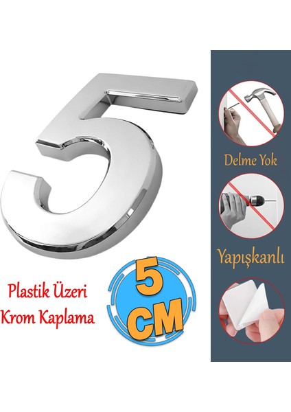 Yapışkanlı Kapı Numarası Küçük Boy 50 mm 5 cm Numara 5 Rakam Beş Sayısı Krom Renk Numaralar 1 Adet