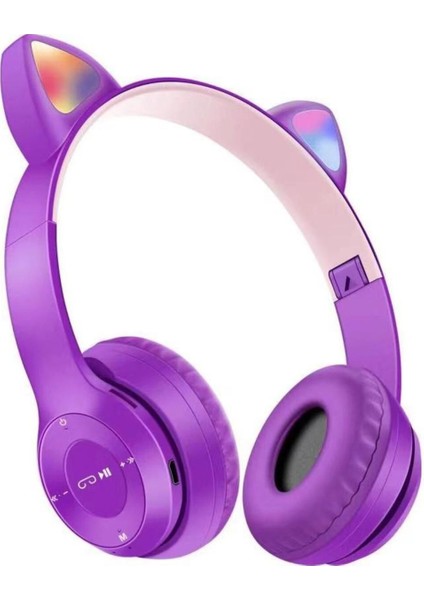 Kedi Kulağı Bluetooth Kablosuz Kulaklık Işıklı Rgb Çocuk Oyun Kulaklığı Radyolu Cocuk Kulaklık