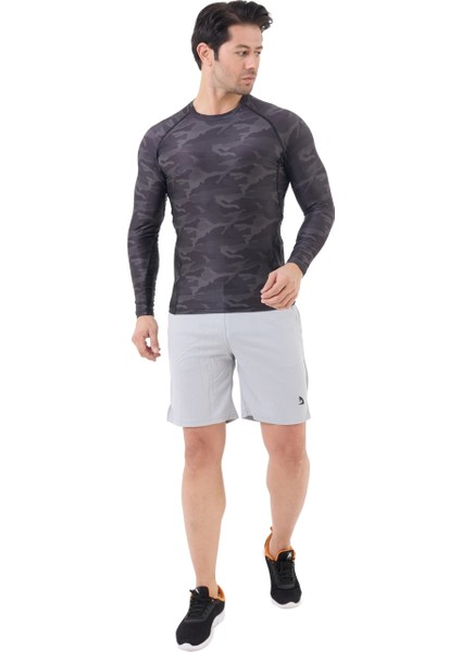 Erkek Uzun Kollu Gri Kamuflaj Compression Body Fitness Gym T-Shirt DMN54780