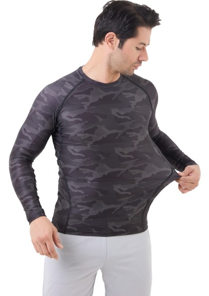 Erkek Uzun Kollu Gri Kamuflaj Compression Body Fitness Gym T-Shirt DMN54780