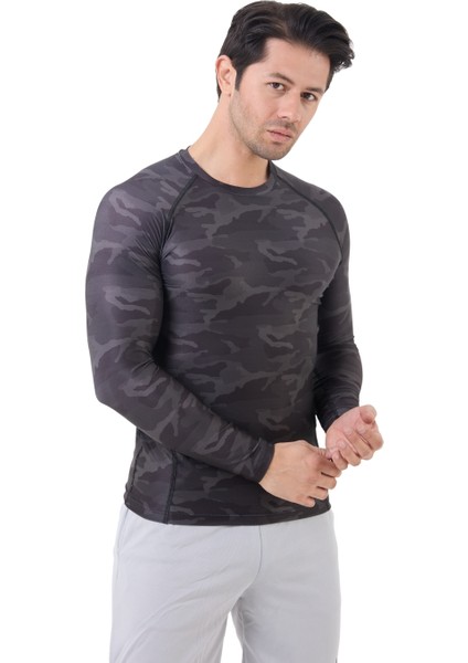 Erkek Uzun Kollu Gri Kamuflaj Compression Body Fitness Gym T-Shirt DMN54780