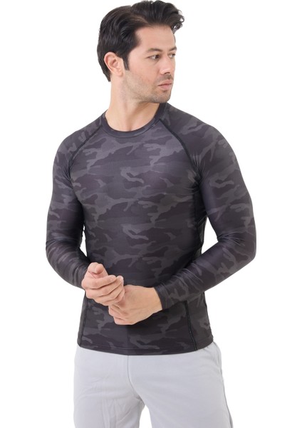 Erkek Uzun Kollu Gri Kamuflaj Compression Body Fitness Gym T-Shirt DMN54780