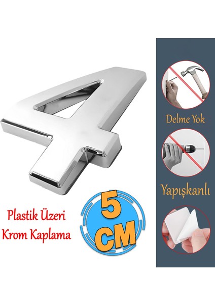 Yapışkanlı Kapı Numarası Küçük Boy 50 mm 5 cm Numara 4 Rakam Dört Sayısı Krom Renk Numaralar 1 Adet