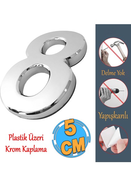 Yapışkanlı Kapı Numarası Küçük Boy 50 mm 5 cm Numara 8 Rakam Sekiz Sayı Krom Renk Numaralar 1 Adet