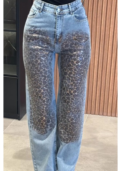 Leopar Desenli Bol Paça Kadın Jean Kot Pantolon