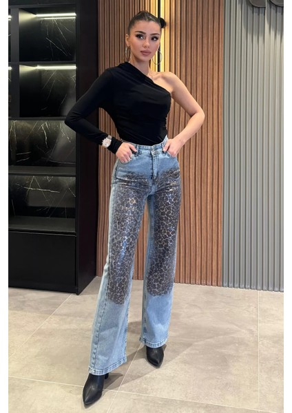 Leopar Desenli Bol Paça Kadın Jean Kot Pantolon
