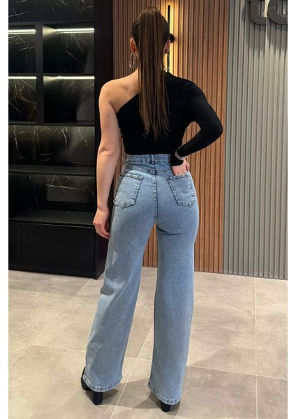 Leopar Desenli Bol Paça Kadın Jean Kot Pantolon