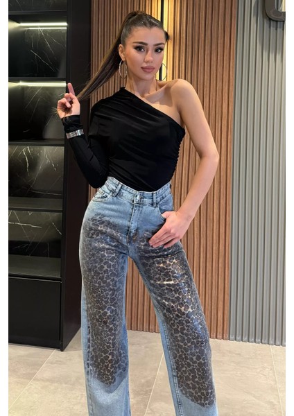 Leopar Desenli Bol Paça Kadın Jean Kot Pantolon