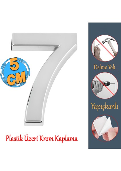 Yapışkanlı Kapı Numarası Küçük Boy 50 mm 5 cm Numara 7 Rakam Yedi Sayısı Krom Renk Numaralar 1 Adet