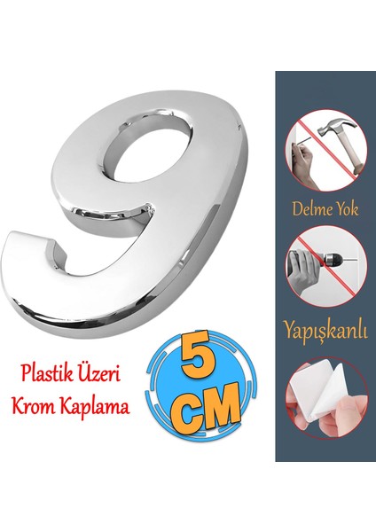 Yapışkanlı Kapı Numarası Küçük Boy 50 mm 5 cm Numara 9 Rakam Dokuz Sayı Krom Renk Numaralar 1 Adet
