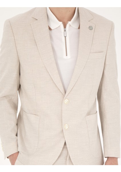 Erkek Bej Slim Fit Keten Karışımlı Çizgili Takım Elbise 50285265-VR011