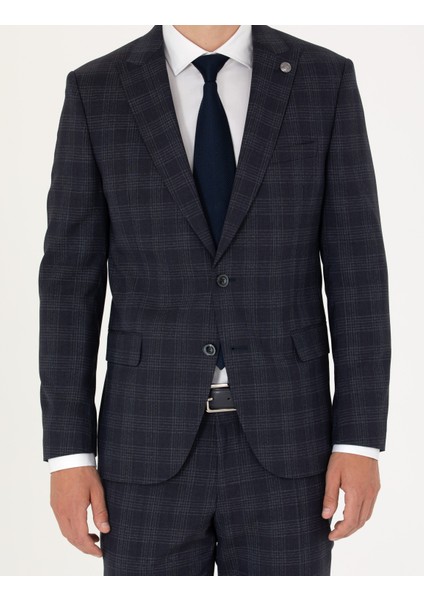 Erkek Lacivert Ekose Ekstra Slim Fit Yün Karışımlı Takım Elbise 50272766-VR033