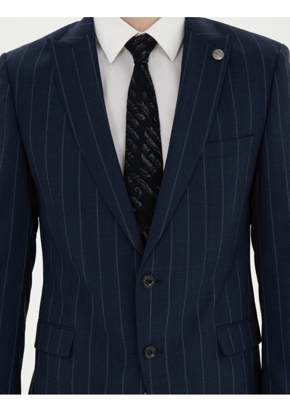 Erkek Lacivert Ex. Slim Fit Çizgili Yün Takım Elbise 50285254-VR033