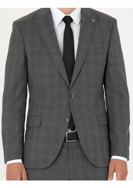 Erkek Füme Ekose Ekstra Slim Fit Yün Karışımlı Takım Elbise 50272766-VR058