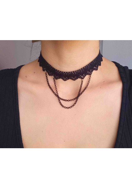 Siyah Dantel Zincirli Gotik Tasma Choker Kolye