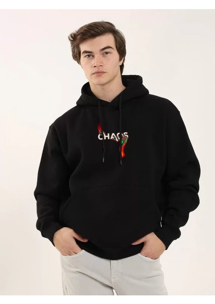 Unisex Baskılı Oversize Üç Iplik Kapüşonlu Sweatshirt - Siyah
