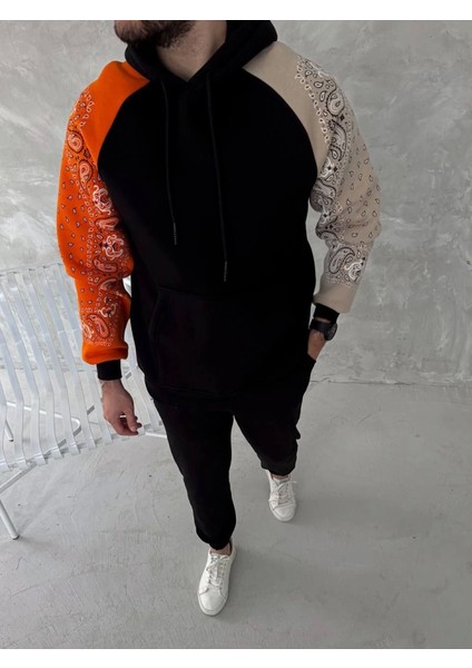 Üç Iplik Penye Kapşonlu Parçalı Sweatshirt - Siyah