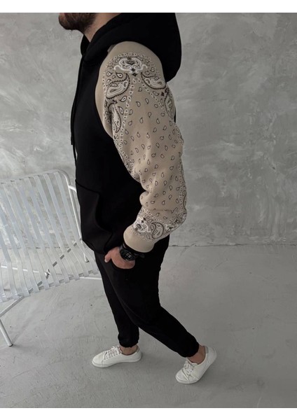 Üç Iplik Penye Kapşonlu Parçalı Sweatshirt - Siyah fiyatları