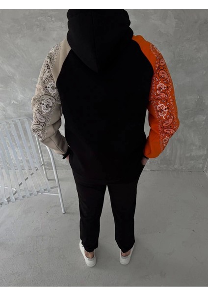 Üç Iplik Penye Kapşonlu Parçalı Sweatshirt - Siyah fırsatları