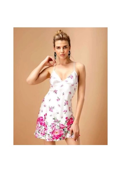 Nurteks 5453 Çiçek Desenli Saten Kısa Gecelik