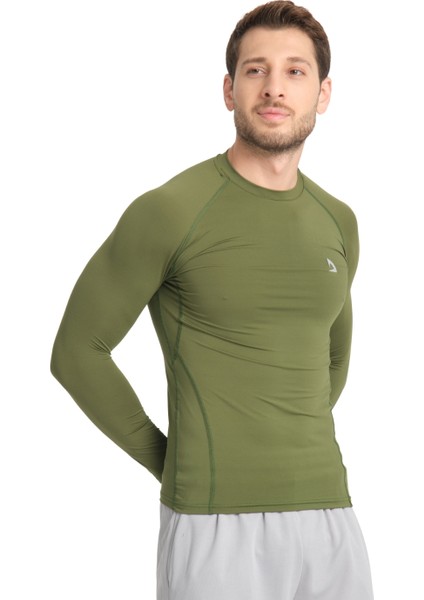 Erkek Uzun Kollu Yeşil Olive Fit Toparlayıcı Compression Spor Body Tshirt