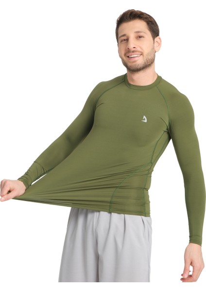 Erkek Uzun Kollu Yeşil Olive Fit Toparlayıcı Compression Spor Body Tshirt modelleri
