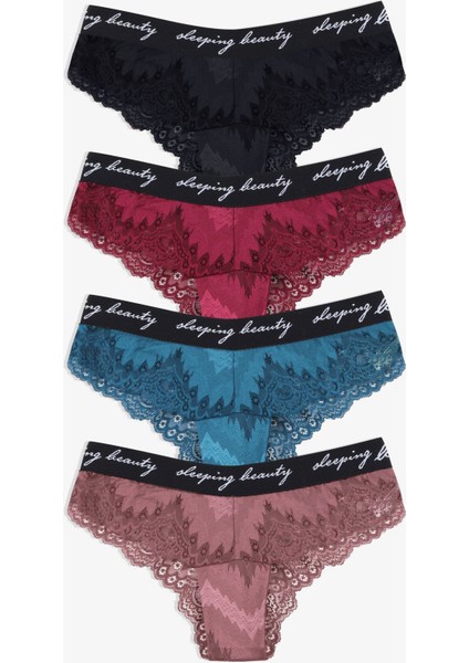 Kadın 4'lü Yazılı Lastikli Dantelli Külot