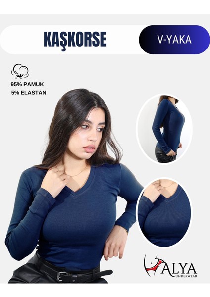 Kaşkorse V Yaka Body Sweatshirt, Fitilli Kumaş, Likralı, Lacivert