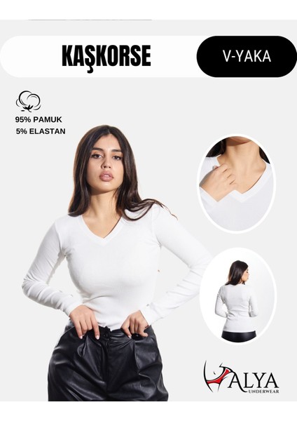 Pamuklu Kaşkorse V Yaka Body Sweatshirt, Fitilli Kumaş Likralı Bluz, Beyaz Badi