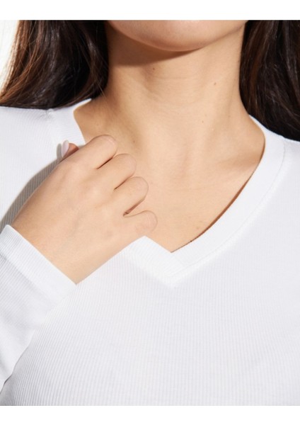 Pamuklu Kaşkorse V Yaka Body Sweatshirt, Fitilli Kumaş Likralı Bluz, Beyaz Badi fırsatları