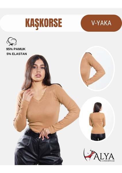 Kaşkorse V Yaka Body Sweatshirt, Fitilli Kumaş Bluz Likralı Pudra Badi